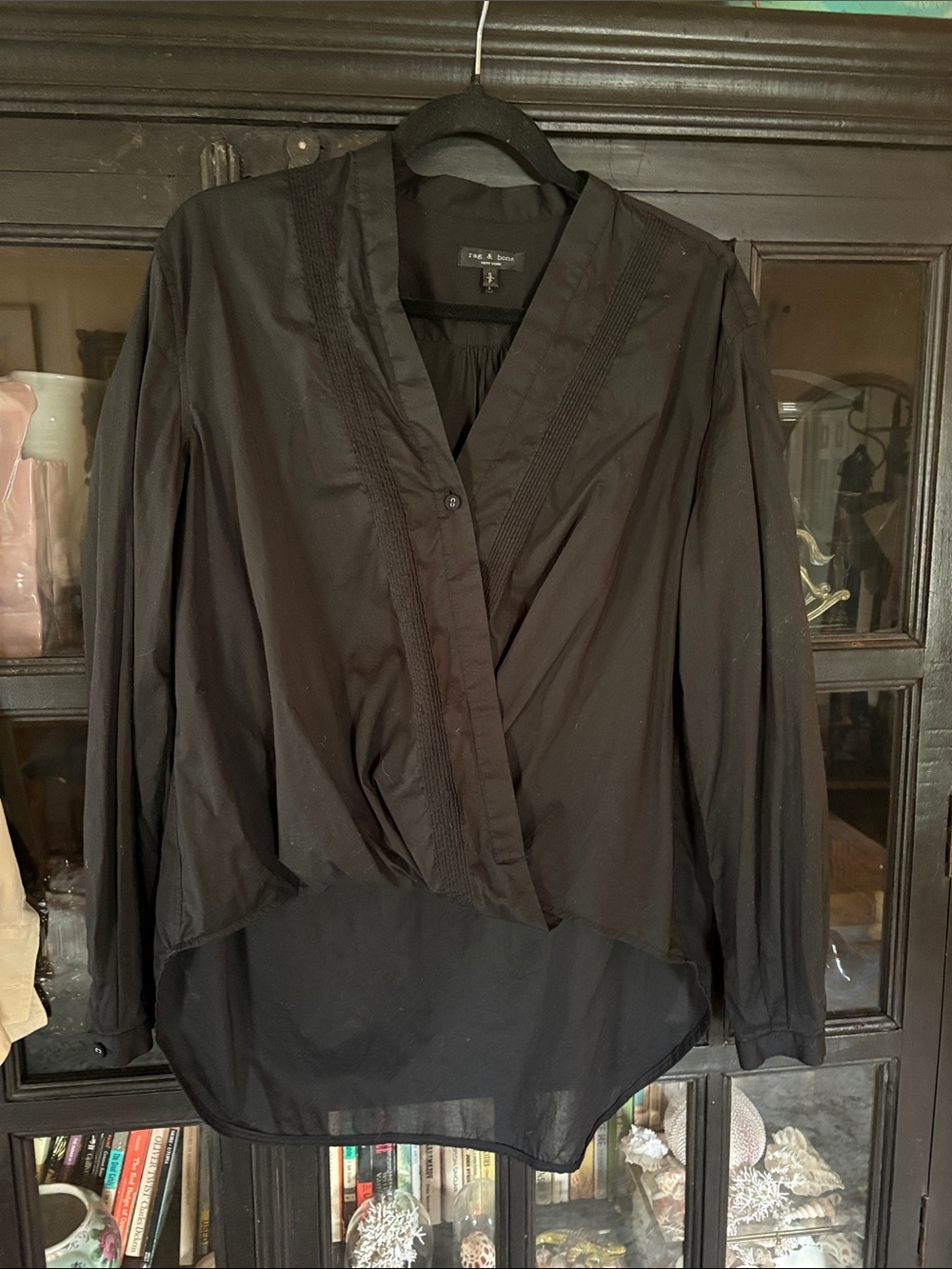 rag & bone Black Wrap-Front 100% cotton V-Neck Blouse